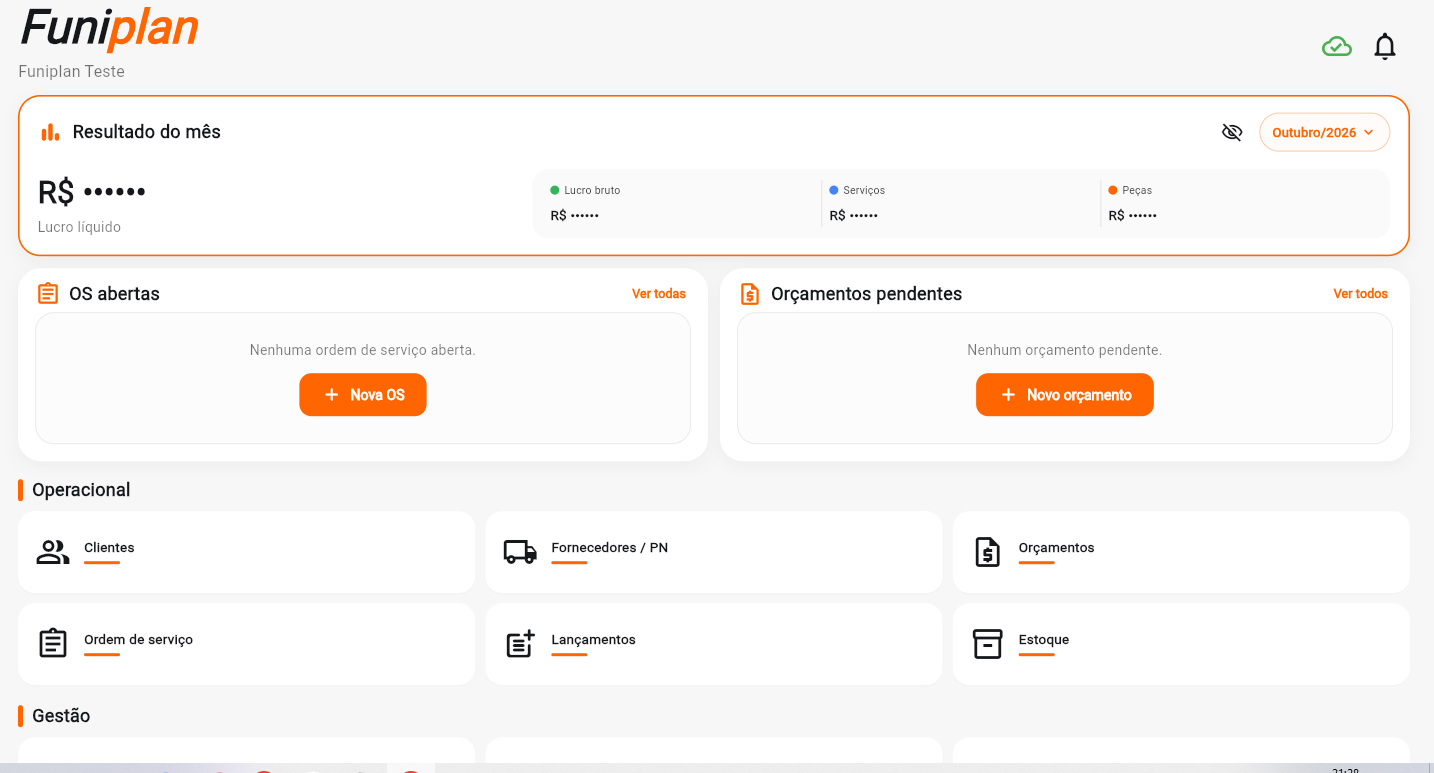 Tela real da página inicial do Funiplan, mostrando resultado do mês, ordens de serviço abertas, orçamentos pendentes e módulos operacionais
